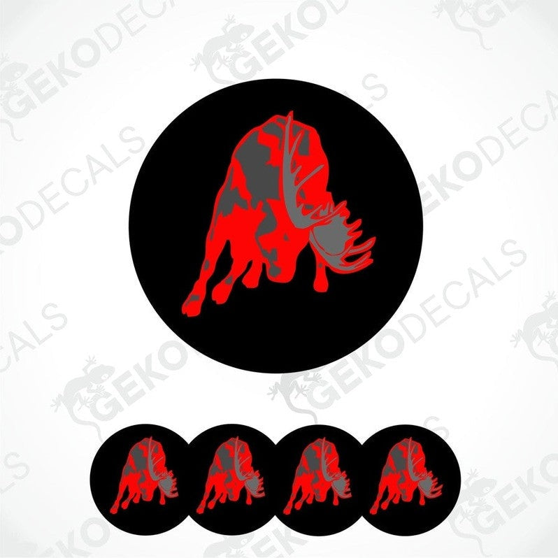 A set of vinyl decals featuring a red moose design on a black background, intended for use as car decals.