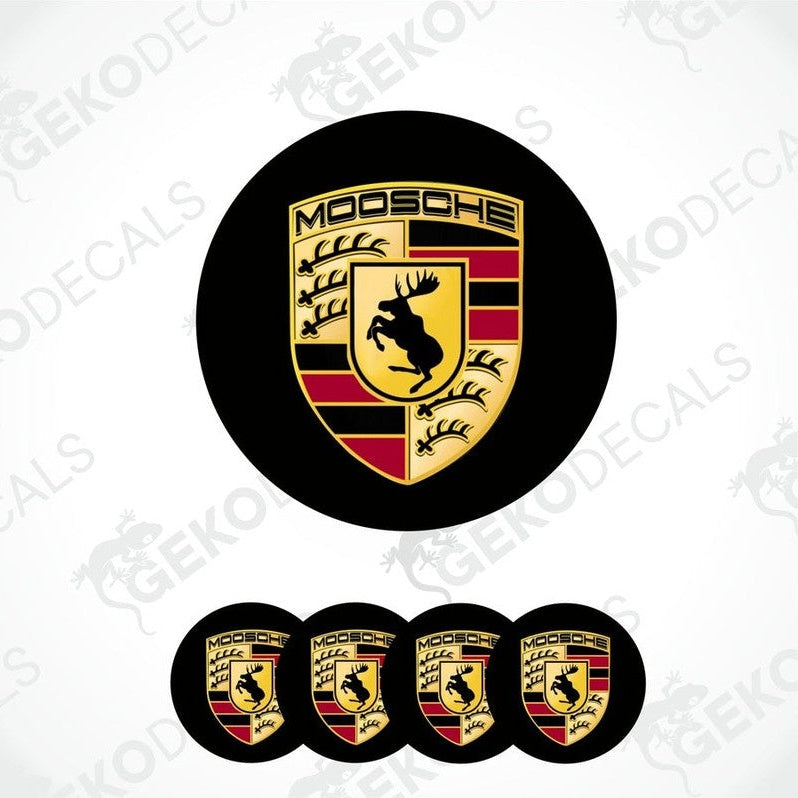 A set of four black vinyl stickers with a geometric design featuring a moose, branded with the word 'MOOSE' and the logo of a car manufacturer.
