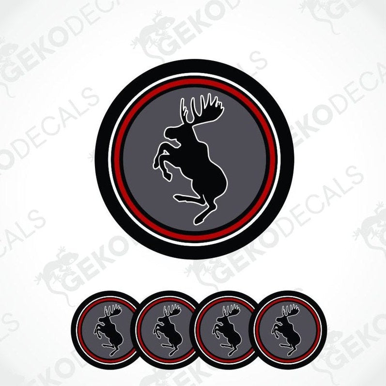 Set of circular decals with a moose design on a white background, featuring the brand 'Gekodecals'.