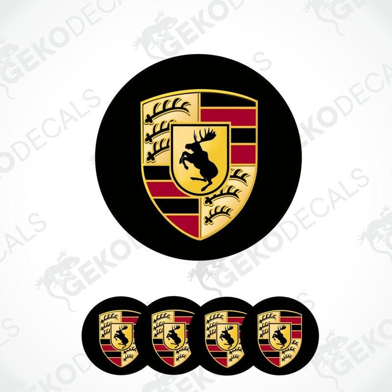 A set of four black, red, and yellow vinyl stickers with a Volvo logo and a moose emblem design.