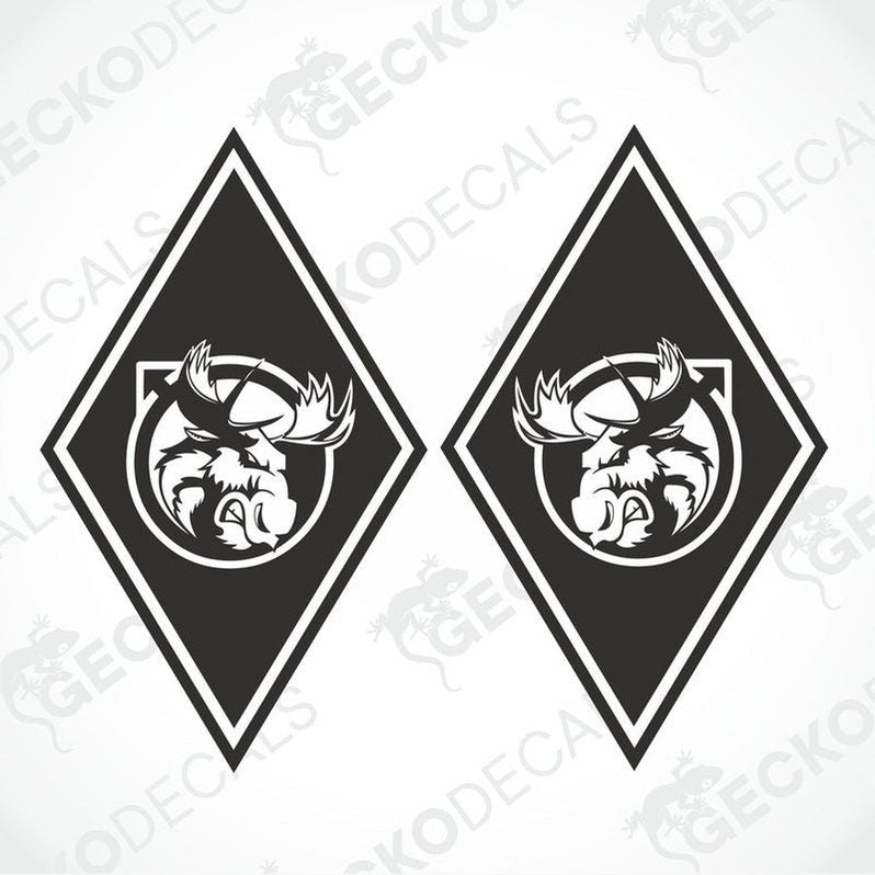 Two black diamond-shaped vehicle decals with a white moose design and the GeckoDecals logo.