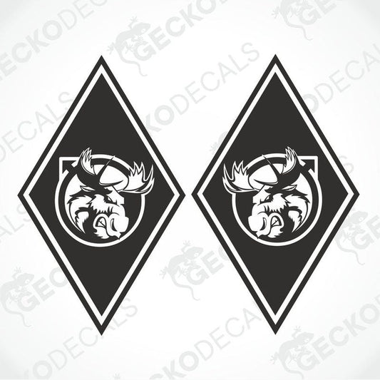 Two black diamond-shaped vehicle decals with a white moose design and the GeckoDecals logo.