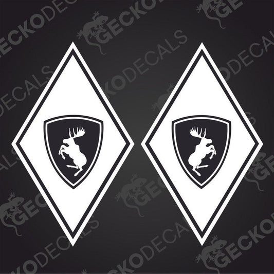 Two white diamond-shaped decals with a moose illustration in the center, intended for vehicle customization.