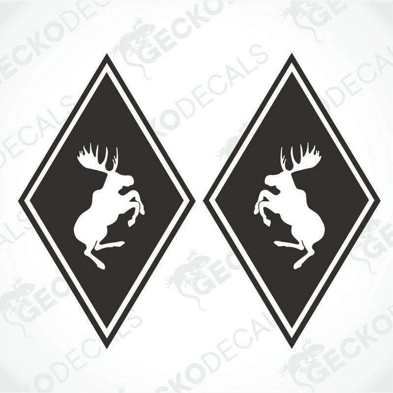 Two black and white diamond-shaped decals, each featuring a stylized moose design, intended for use on vehicles.