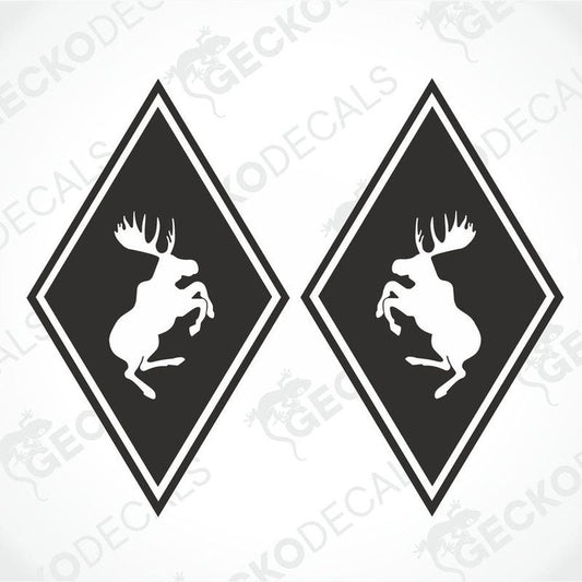 Two black and white diamond-shaped decals, each featuring a stylized moose design, intended for use on vehicles.