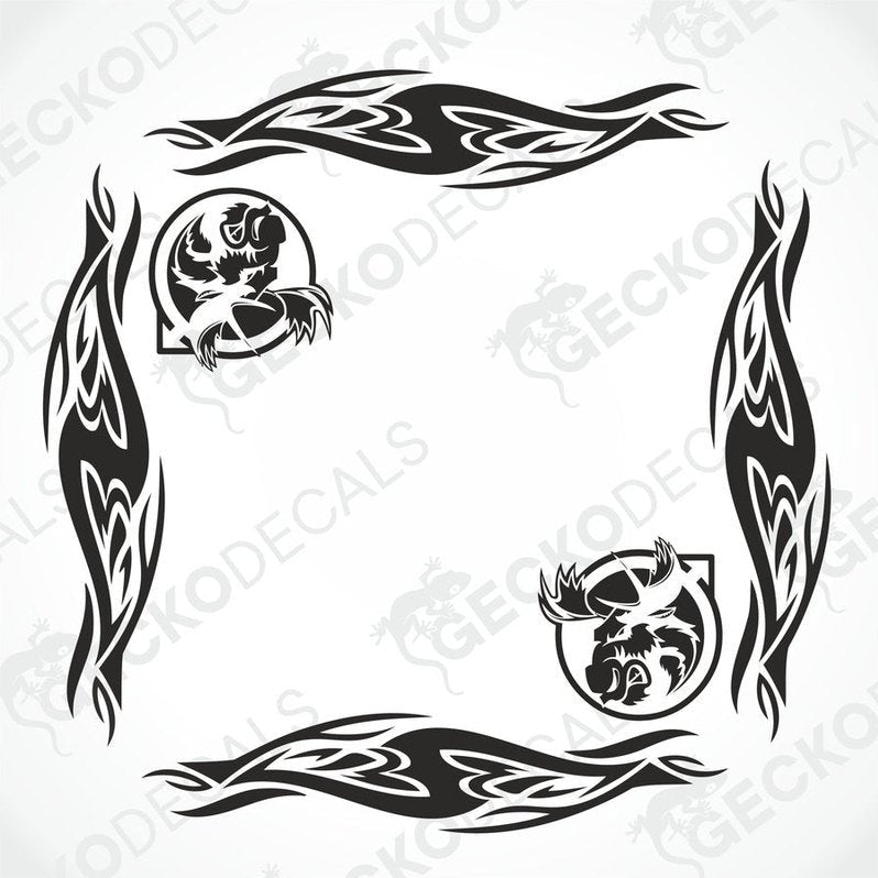 A set of two die cut black and white moose-themed decals designed for use on side windows, either interior or exterior.