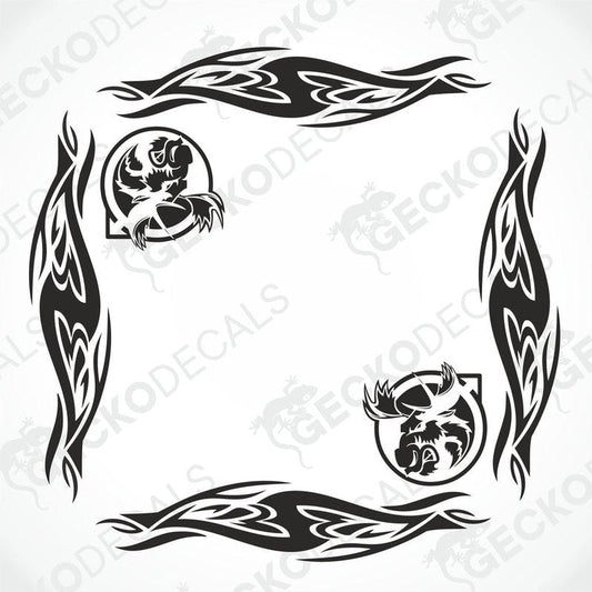 A set of two die cut black and white moose-themed decals designed for use on side windows, either interior or exterior.