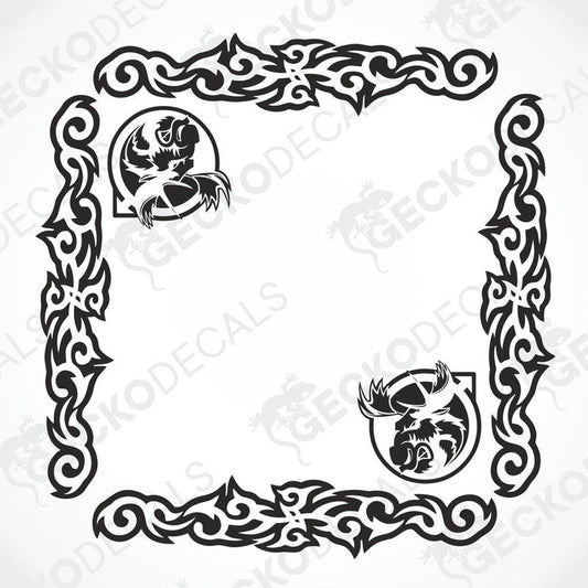 A set of two die cut decals for Volvo vehicles, featuring a moose within a tribal-style frame design, intended for side window placement.