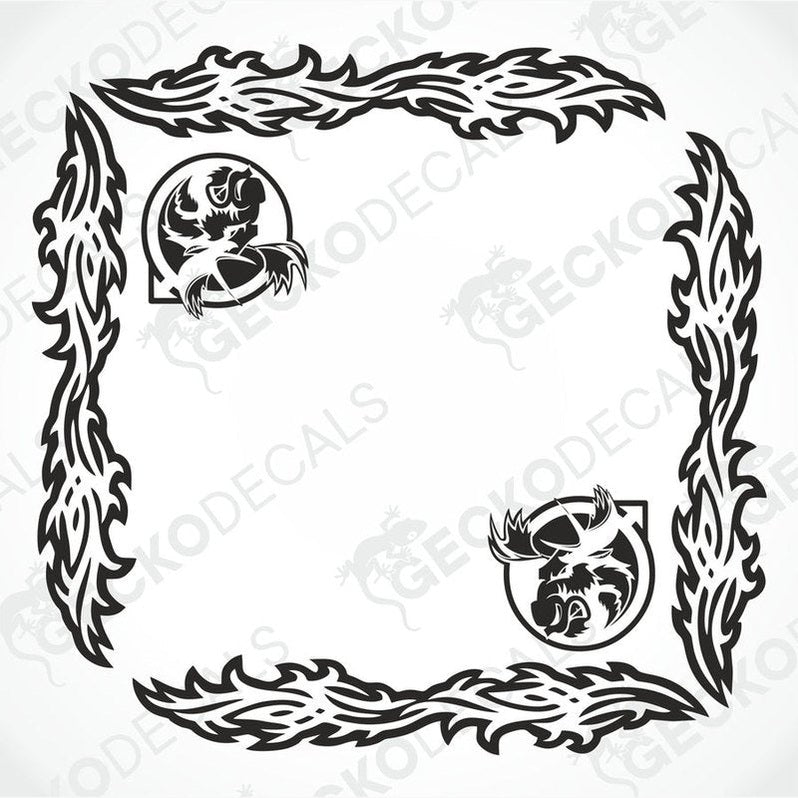 A pair of black and white moose-themed side window decals with a tribal pattern, designed for use on vehicles.