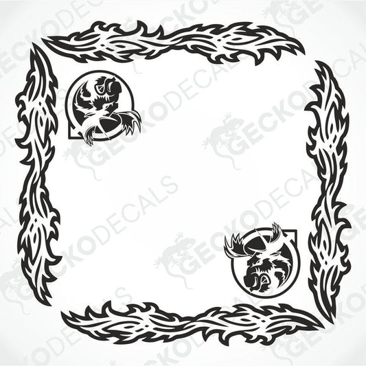 A pair of black and white moose-themed side window decals with a tribal pattern, designed for use on vehicles.