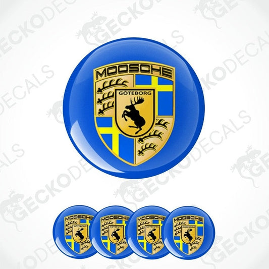 A set of vinyl decals featuring a moose logo on a blue background, intended for use as car stickers.