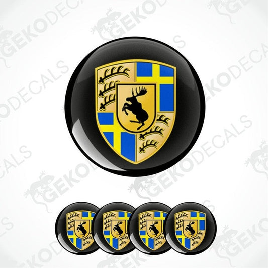 A set of four blue, gold, and white vinyl stickers with a moose design and the text 'GeckoDecals.com'.