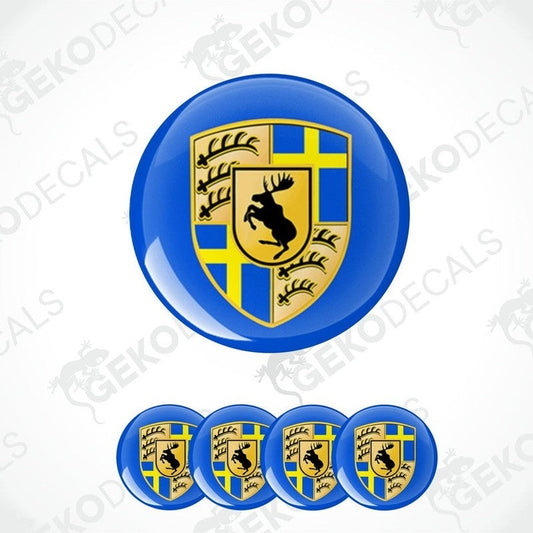 A set of four blue vinyl stickers with a yellow and black Volvo moose logo and the text 'GeckoDecals'.