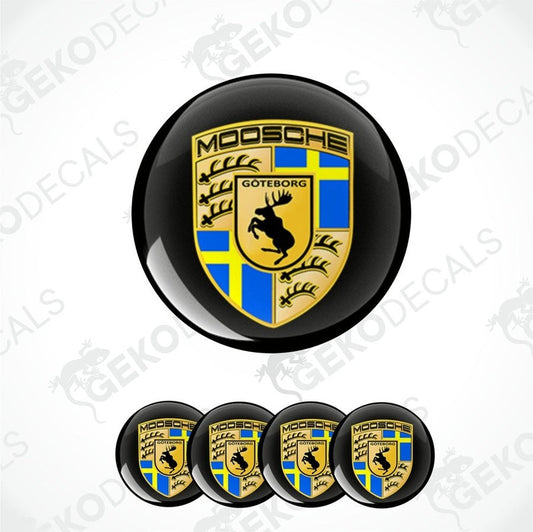 A set of four blue, gold, and white vinyl stickers with a Volvo Moose Sweden theme, designed for use on car decals or wheel caps.