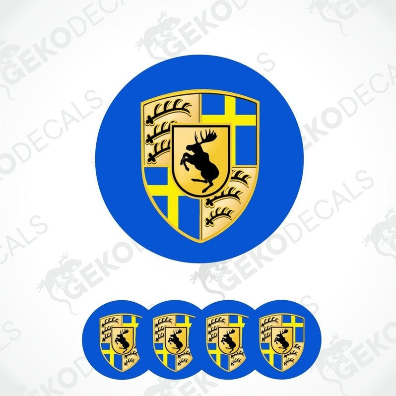 A set of four blue vinyl stickers with a yellow and black Volvo moose logo and the text 'GeckoDecals'.