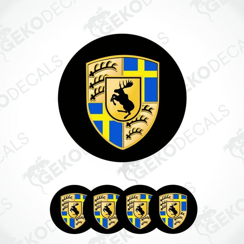 A set of four blue, gold, and white vinyl stickers with a moose design and the text 'GeckoDecals.com'.