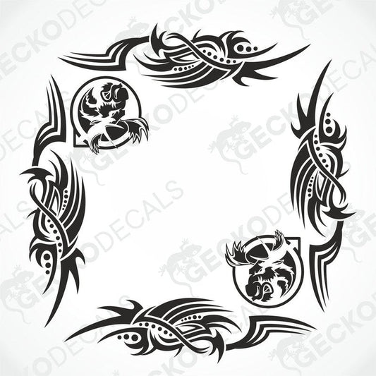 A set of two black tribal design side window decals featuring moose motifs, intended for use on a Volvo truck.