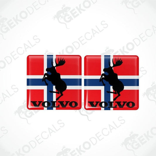 Two square vinyl stickers with a Volvo logo and a reindeer motif against a red and blue background.