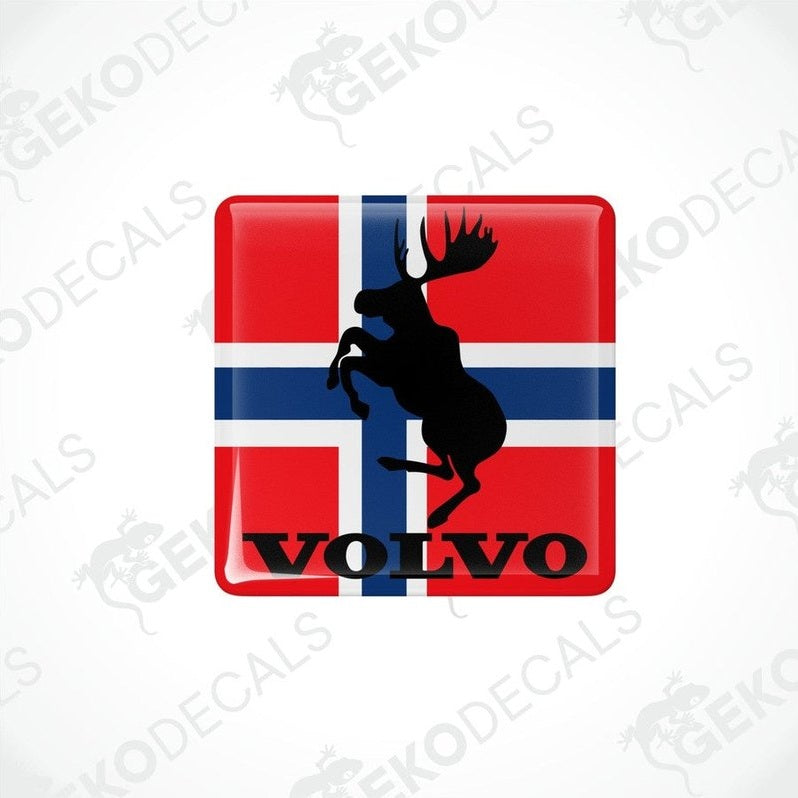 Two square vinyl stickers with a Volvo logo and a reindeer motif against a red and blue background.