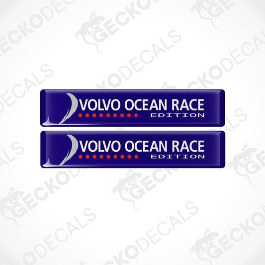 Two blue vinyl stickers with the text 'VOLVO OCEAN RACE EDITION' and a logo consisting of a white arrow, red and white circles, and the Volvo brand logo.