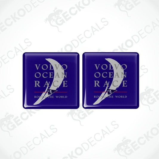 Two blue vinyl stickers with the text 'VOLVO OCEAN RACE ROUND THE WORLD' and a graphic of a sailboat.