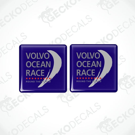 Two blue vinyl stickers with the text 'VOLVO OCEAN RACE ROUND THE WORLD' and a graphic design that resembles a sailboat.