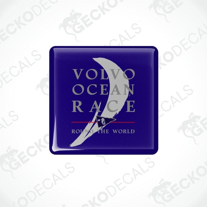Blue vinyl stickers with the text 'VOLVO OCEAN RACE ROUND THE WORLD' and a graphic of a sailboat.