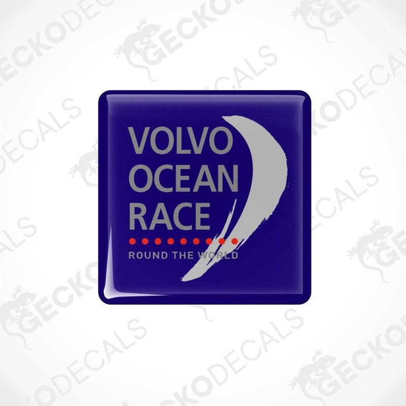 Blue vinyl stickers with the text 'VOLVO OCEAN RACE ROUND THE WORLD' and a graphic of a sailboat.