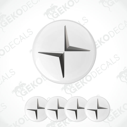 Set of white circular decals with black star design on a white background, featuring the brand 'Gekodecals'.
