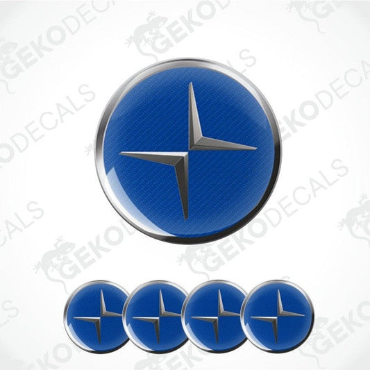 Blue star-shaped logo with metallic rim on a white background, featuring the brand 'Gekodecals'.