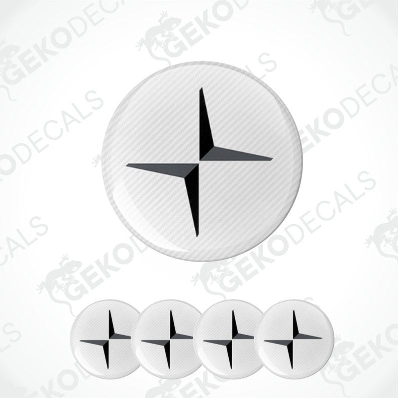 Set of five white circular stickers with black star design on a white background, branded 'Gekodecals'.