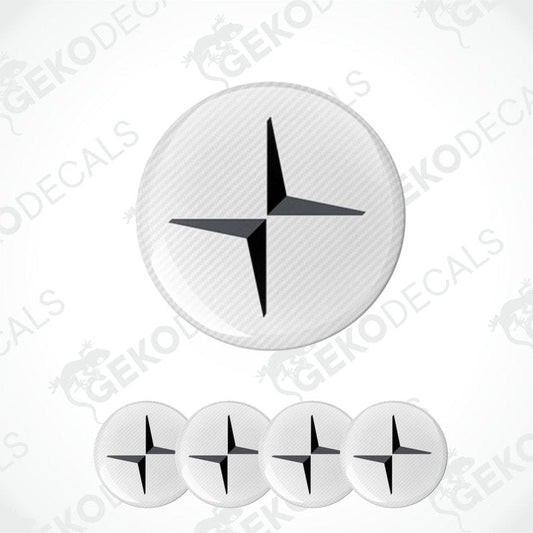 Set of five white circular stickers with black star design on a white background, branded 'Gekodecals'.