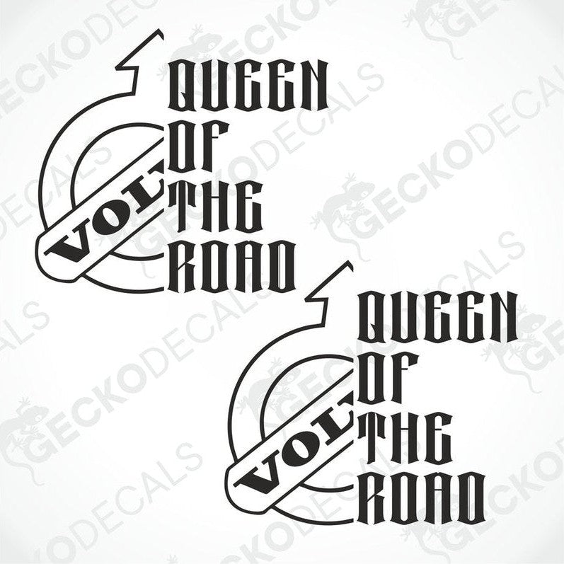 Two black and white die cut decals with the text 'QUEEN OF THE ROAD' and the Volvo brand symbol.