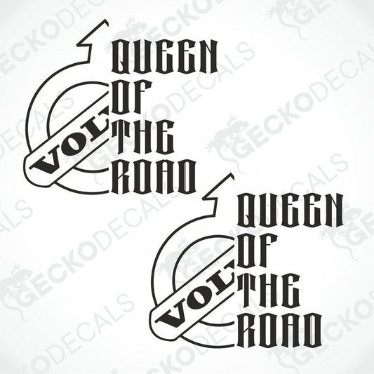 Two black and white die cut decals with the text 'QUEEN OF THE ROAD' and the Volvo brand symbol.