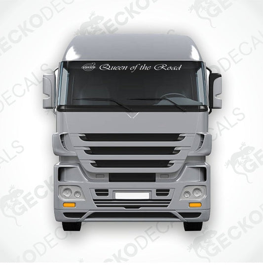 A front view of a Volvo truck with a 'Queen of the Road' decal on the windscreen.