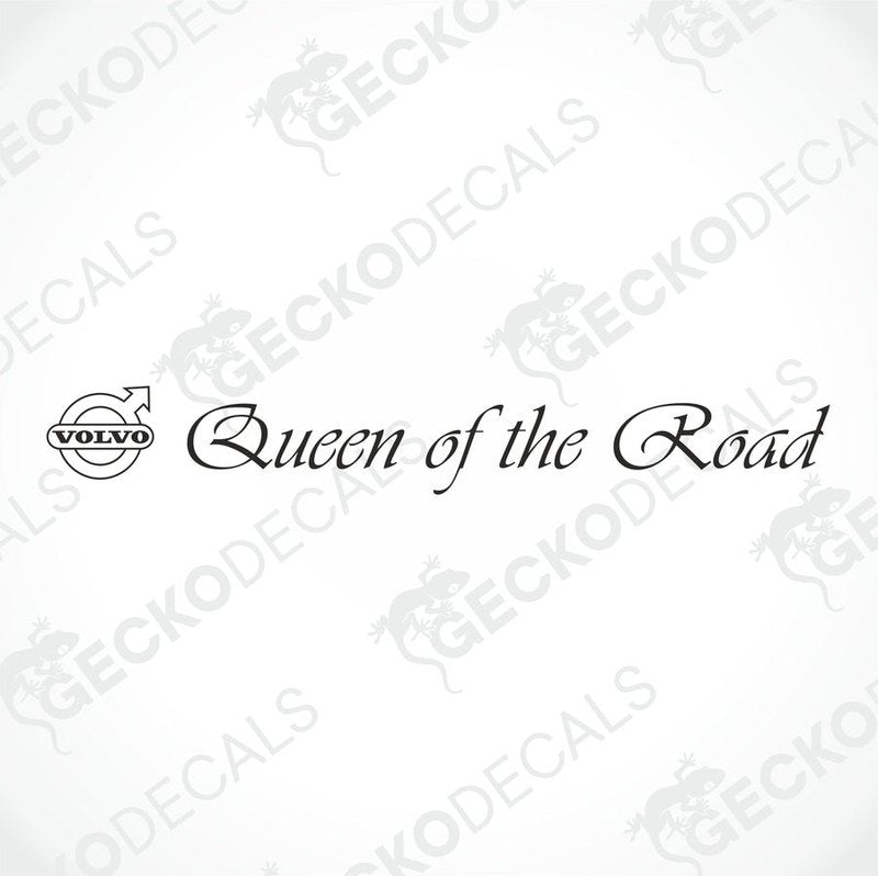 A front view of a Volvo truck with a 'Queen of the Road' decal on the windscreen.