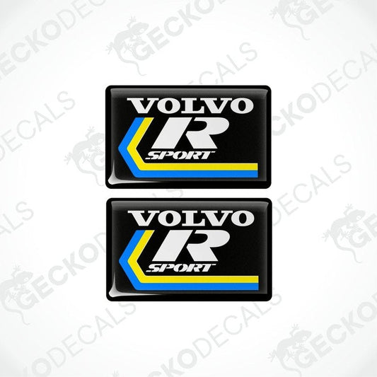 A set of two black, blue and yellow vinyl stickers with the Volvo R Sport branding.