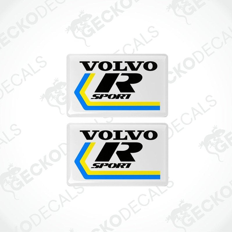 A set of two withe, blue and yellow vinyl stickers with the Volvo R Sport branding.