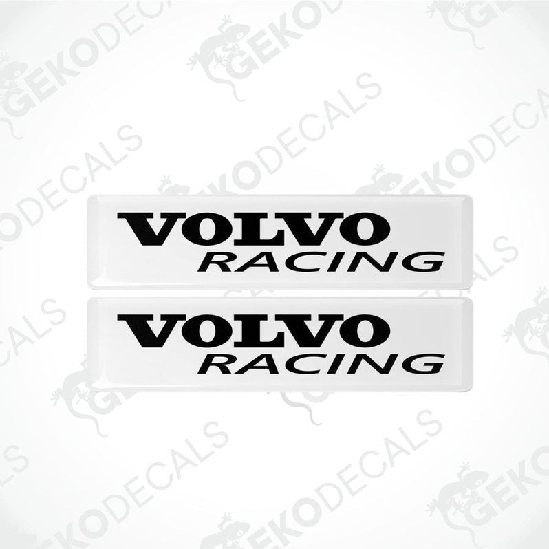 Two white vinyl stickers with the text 'VOLVO RACING' in black font, placed against a white background.