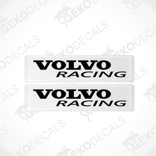 Two white vinyl stickers with the text 'VOLVO RACING' in black font, placed against a white background.
