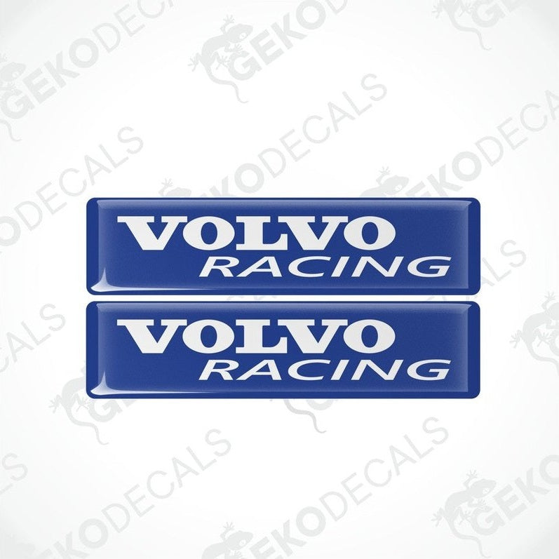 Two blue vinyl stickers with the text 'VOLVO RACING' in withe font, placed against a white background.