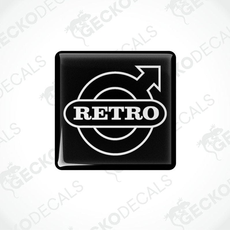 Black vinyl stickers with the word 'RETRO' and a circular graphic symbol in white.