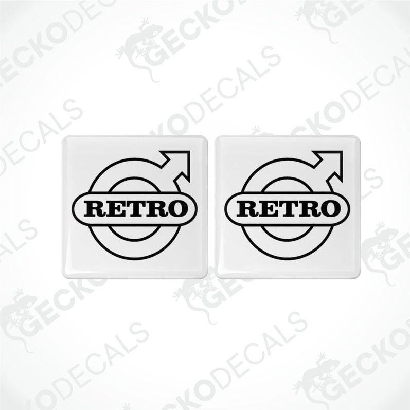Two withe vinyl stickers with the word 'RETRO' and a circular graphic symbol in black.