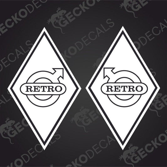 Two white vehicle decals with the word 'RETRO'
