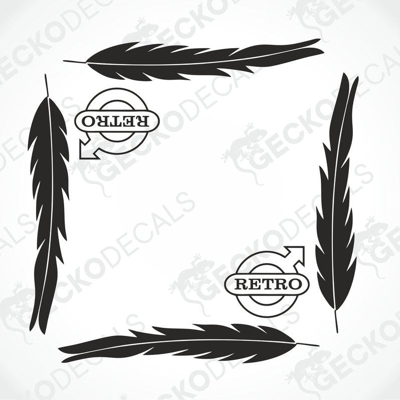 A set of black feather-shaped decals with the word 'RETRO' and the Volvo brand logo on them, intended for use on vehicle side windows.
