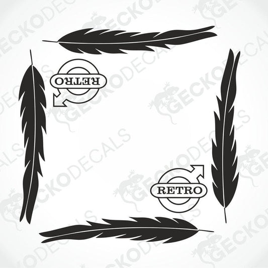 A set of black feather-shaped decals with the word 'RETRO' and the Volvo brand logo on them, intended for use on vehicle side windows.