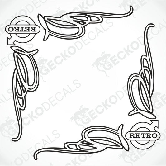 A set of four black retro-style side window decals with intricate white line designs, intended for use on vehicles.