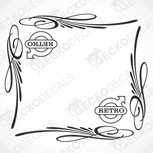 A pair of black retro styled side window decals for a Volvo vehicle, featuring decorative elements and the text 'Retro' and 'OHLM'.