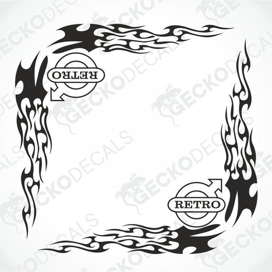 A pair of black tribal patterned side window decals for a Volvo vehicle, with 'Retro' text included.