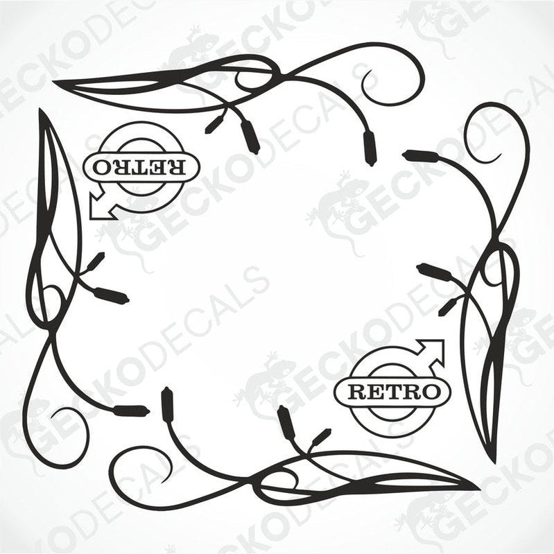 A set of two black retro-themed side window decals for vehicles, with intricate floral and swirl designs.